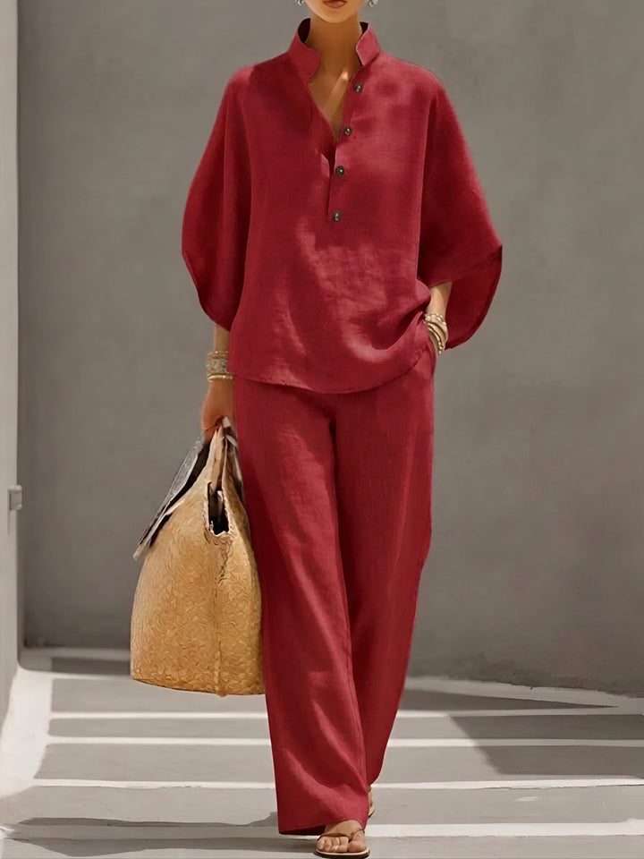 Flowing wide-leg pants from a women's elegant two-piece set, designed for comfortable summer wear.