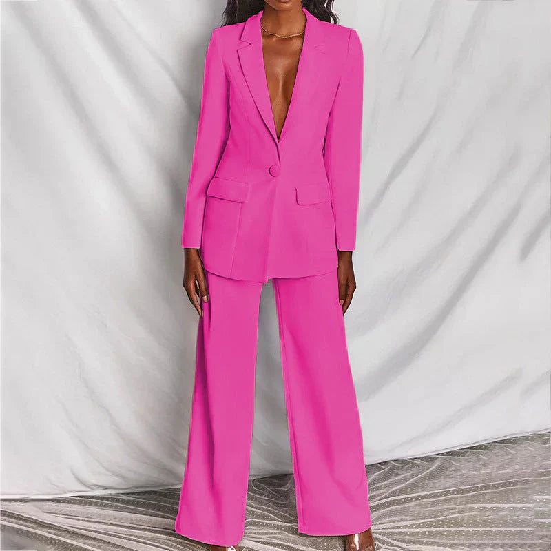 Elegant women's business casual blazer and matching tailored trousers set, a versatile formal outfit.