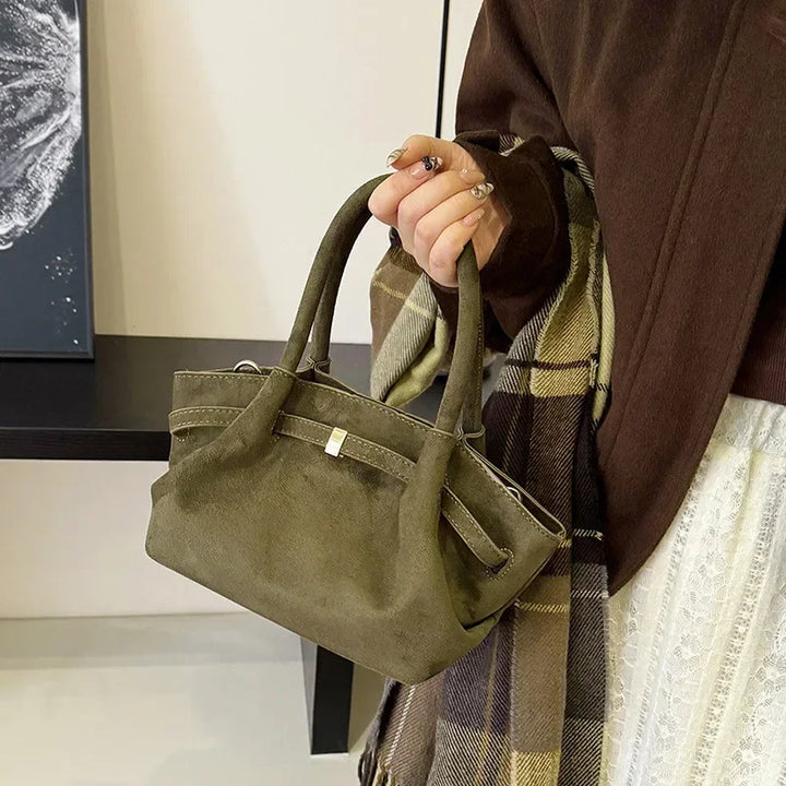 Stylish women's top handle bag in faux suede, vintage design, perfect daily fashion accessory