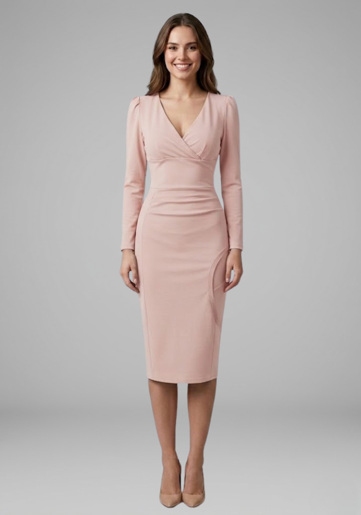 Women's long sleeve V-neck ruched knee-length dress. Bodycon fit, designed for flattering and comfortable style.