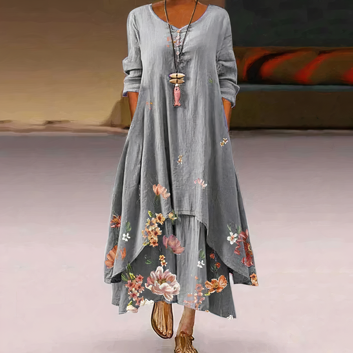 Chic women's spring/summer long sleeve floral maxi dress with a distinctive border print design.