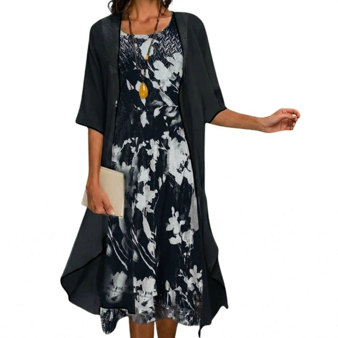 Casual yet chic women's floral long dress with a soft cardigan, great for everyday spring fashion.