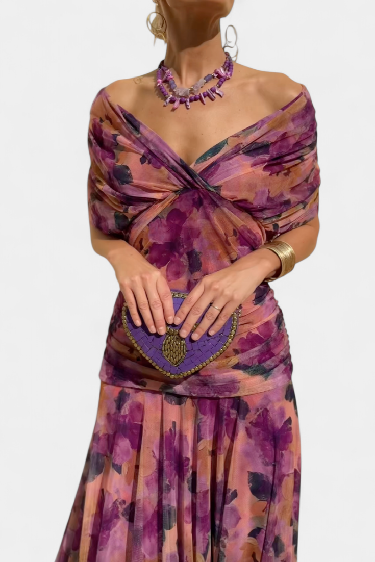 Versatile floral long sleeve off-shoulder dress. Women's maxi gown for ceremonies, parties, & evenings.