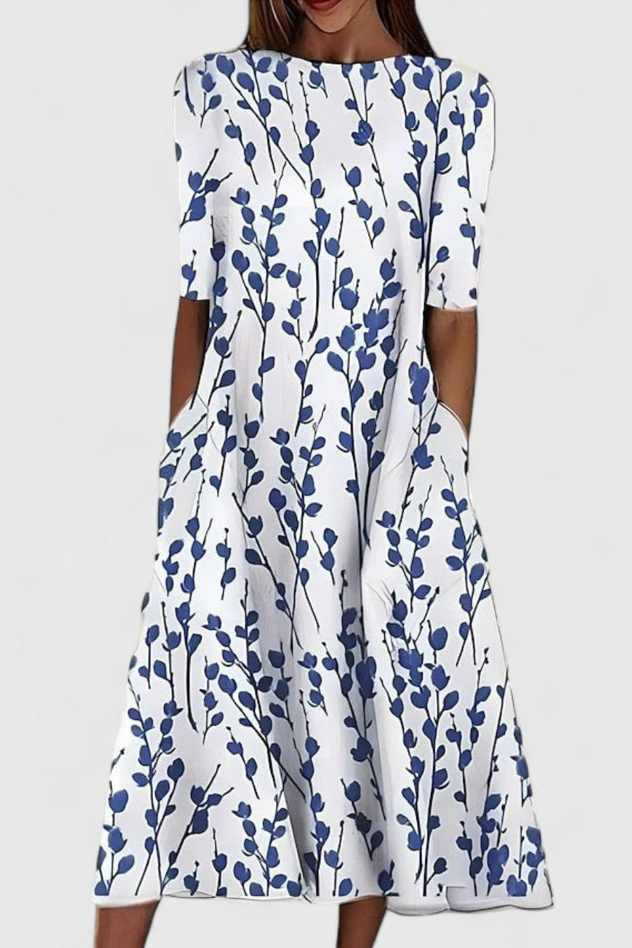 Women's floral print midi dress, A-line fit, short sleeve. Perfect for summer casual wear with functional pockets.