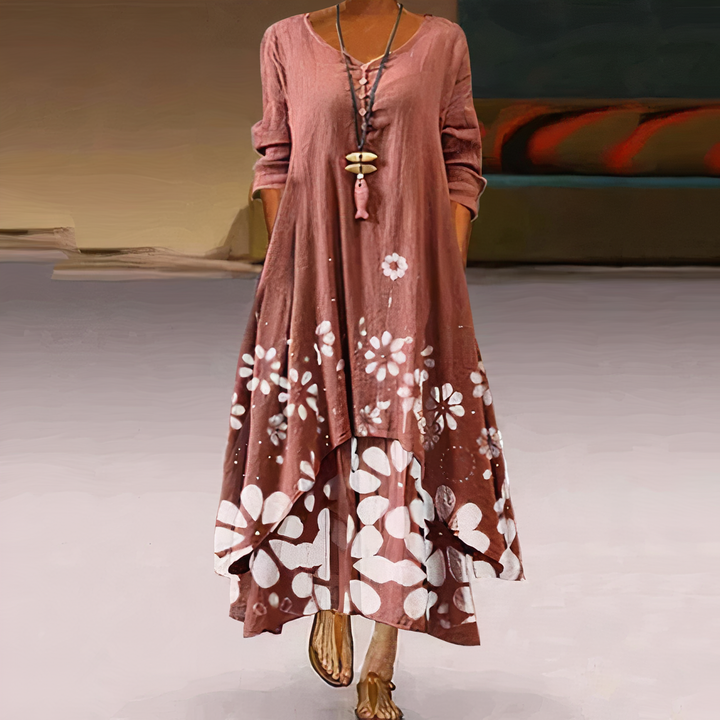 Vibrant women's long-sleeve midi dress with a unique asymmetric hem, ideal for fall fashion.