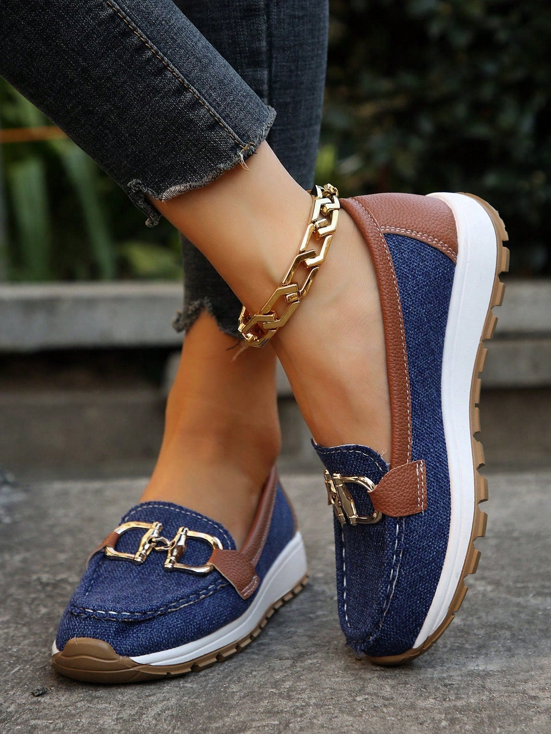 Women's gold buckle comfort loafers. Ideal slip-on shoes for office, casual, and everyday style.