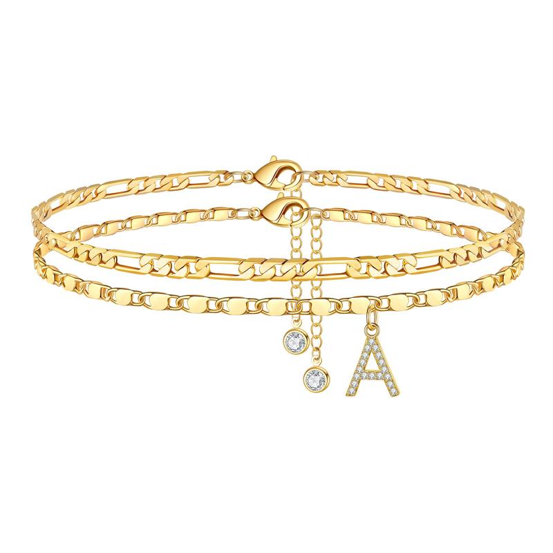 Women's gold initial anklet with sparkling crystal charm, personalized, stainless steel