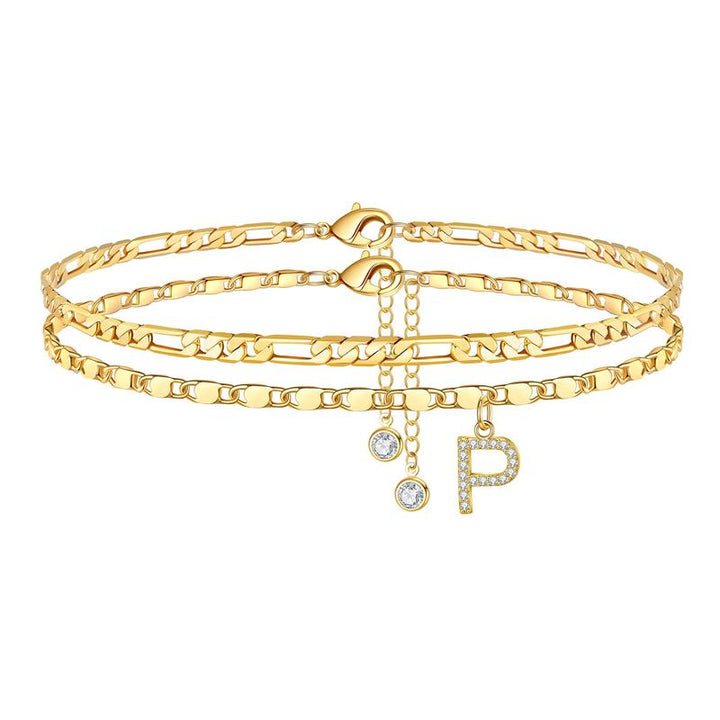 Gold plated 'M' initial anklet with crystal charm, women's fashion jewelry, adjustable fit