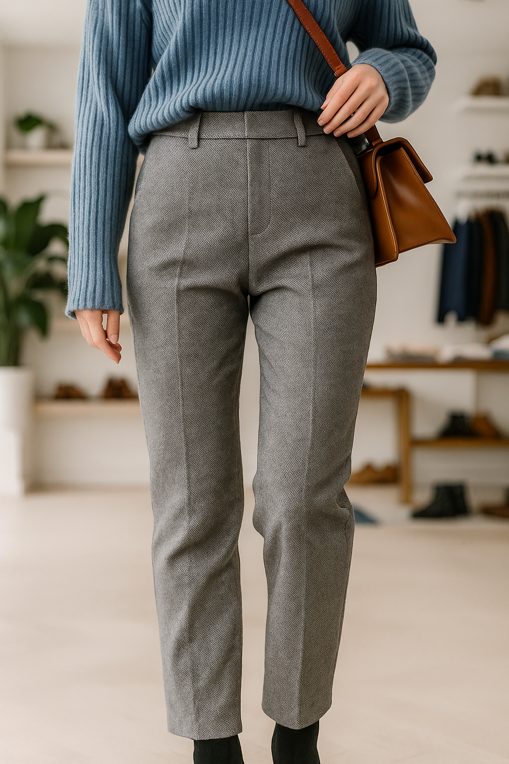 Women's high-waist wool blend straight leg trousers in ivory, a comfortable yet stylish option