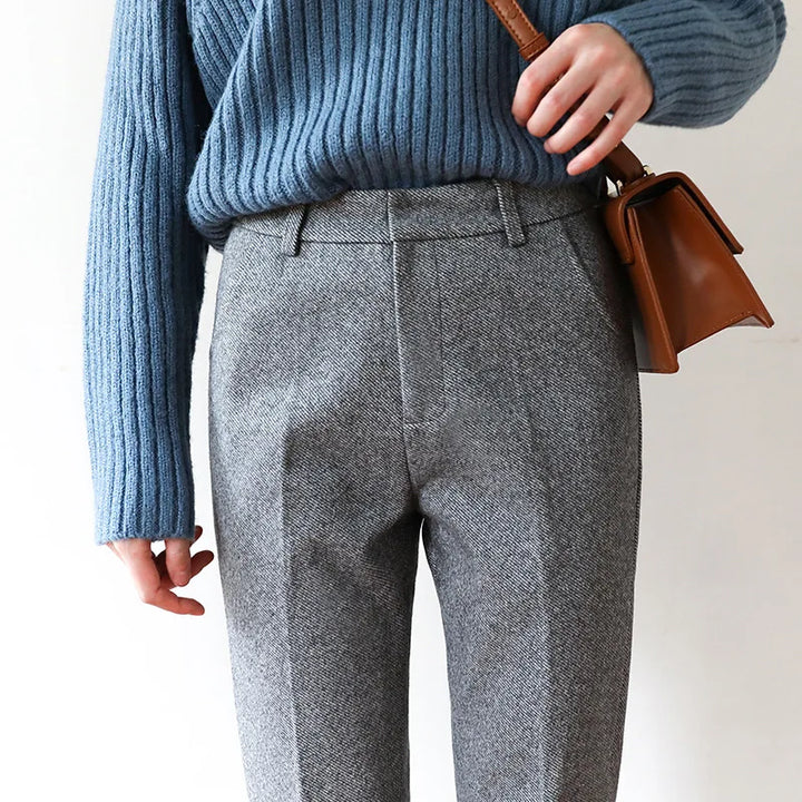 Elegant women's gray high-waist wool blend straight leg trousers, perfect for office wear