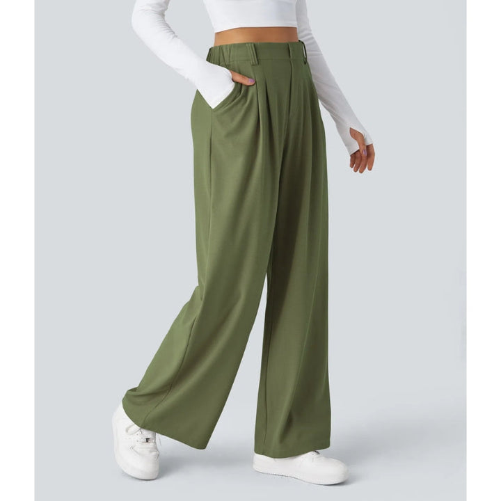Stack of folded women's waffle knit wide leg high waisted pants in various casual colors