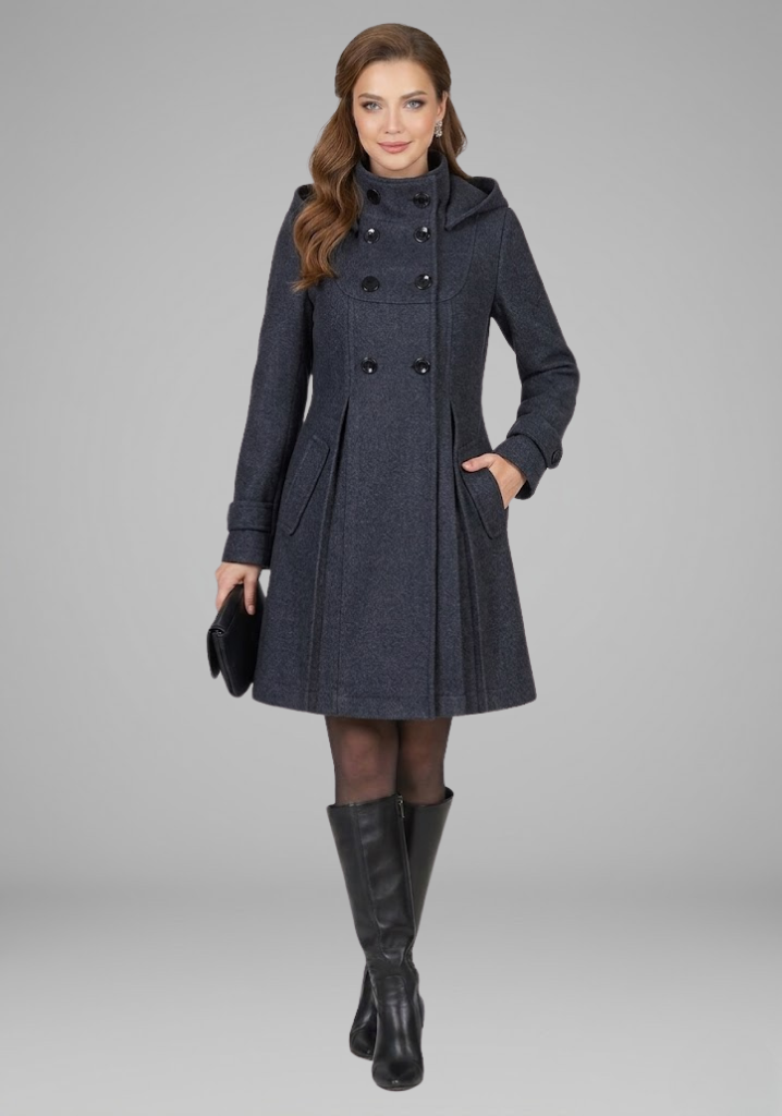 Women's elegant double button front A-line coat. Hooded, knee-length, ideal for winter & fall fashion.
