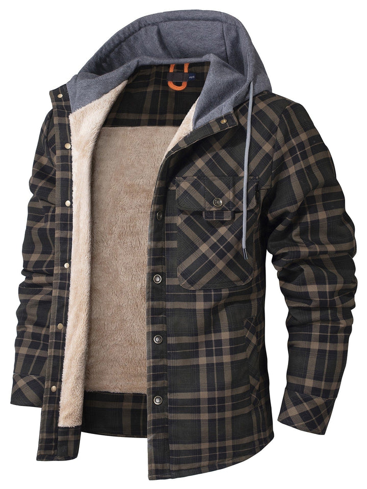Close-up of the soft faux fur lining inside a women's flannel hooded jacket, highlighting texture