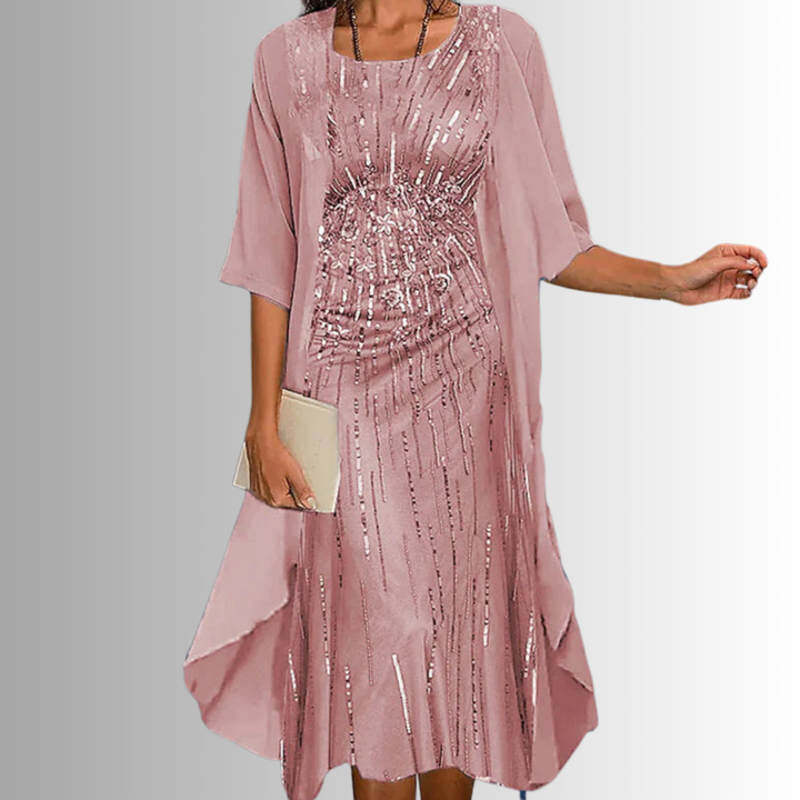 Effortless women's layered open front midi dress, printed fabric, 3/4 sleeves, round neck for stylish comfort.