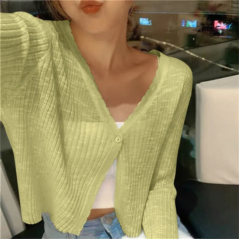 Soft girl style lightweight button-front cropped cardigan for women, v-neck, long sleeve.