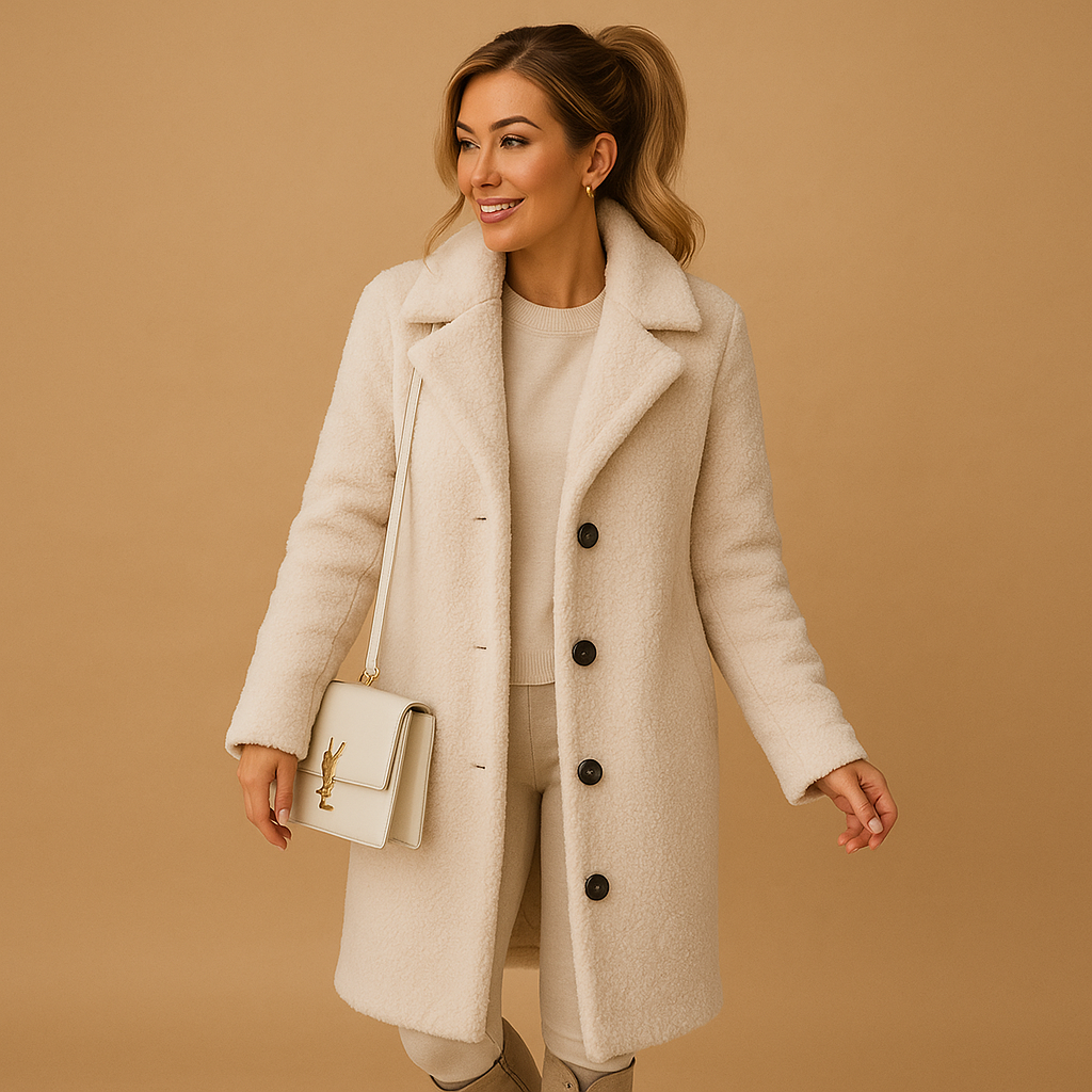 Women's long cozy teddy coat in apricot, perfect for stylish winter warmth. Soft, fashionable outerwear.