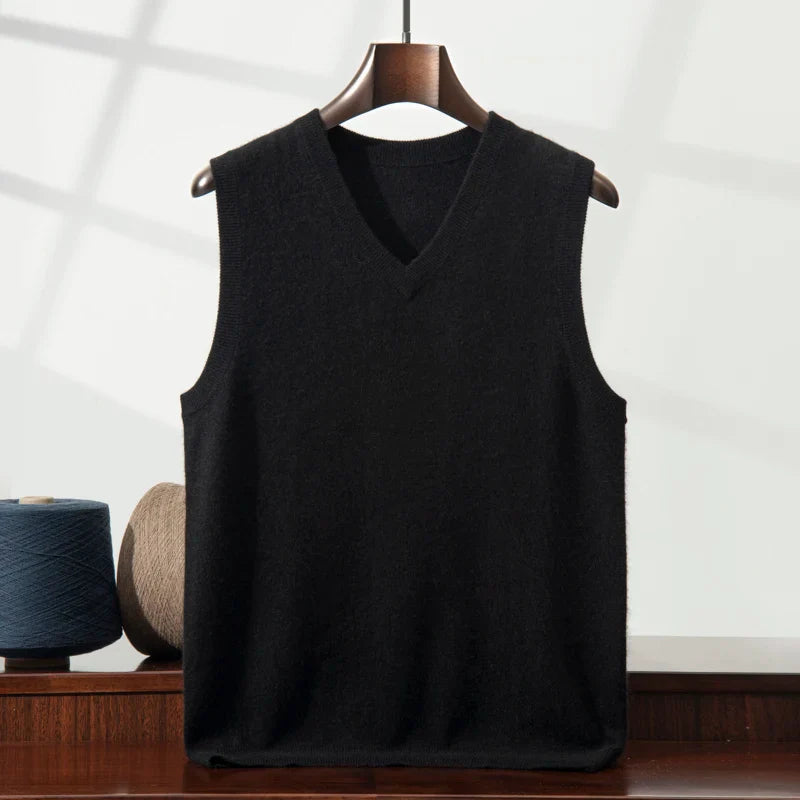 Elegant women's cashmere V-neck vest, ideal luxury knitwear for sophisticated layering.