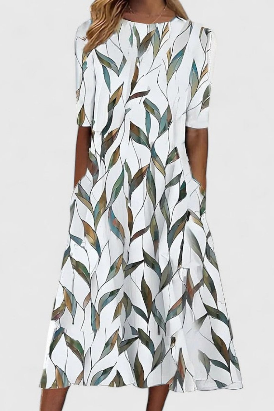 Floral print women's midi A-line dress featuring short sleeves, round neck, and pockets for versatile everyday style.