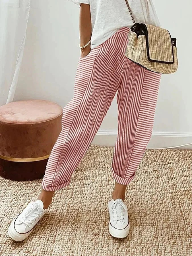 Stylish women's striped straight leg pants, ideal for versatile summer fashion & lounge wear.