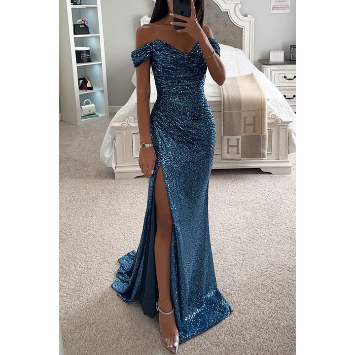 Sparkling sequin off-shoulder evening gown for women, featuring a stylish high slit & maxi length.