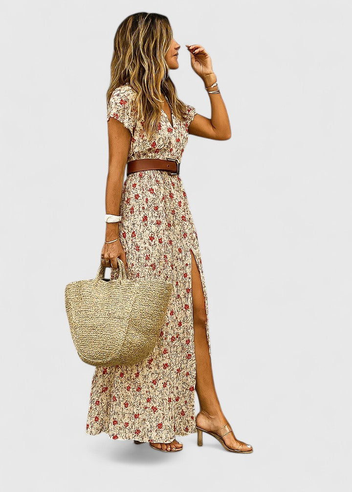 Elegant women's flowing paisley maxi dress, V-neck, short sleeve, belted, boho style. Perfect for graceful summer looks.