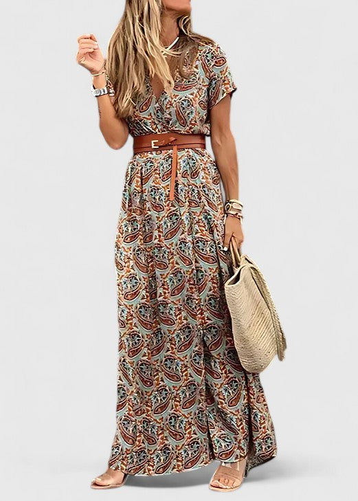 Casual women's paisley print V-neck maxi dress, belted for comfort, ideal for summer fashion, beach, or vacation.