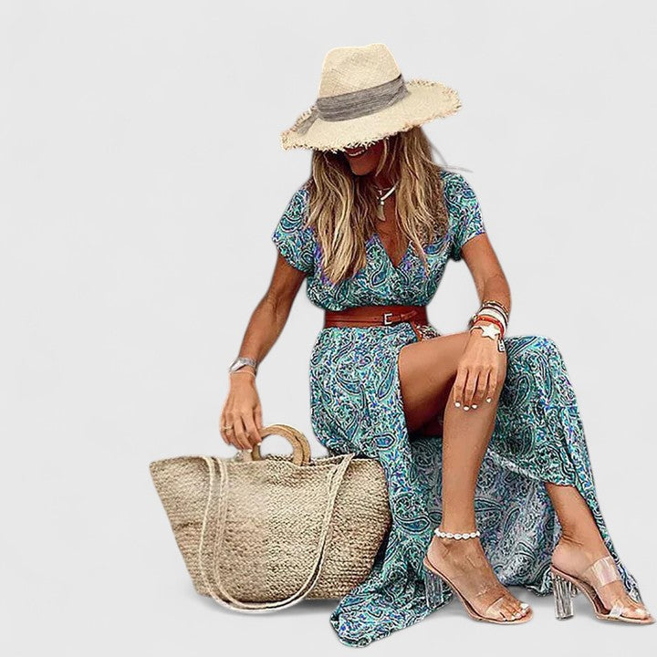 Stylish women's short sleeve paisley print V-neck maxi dress. Belted boho design, perfect for summer casual wear.