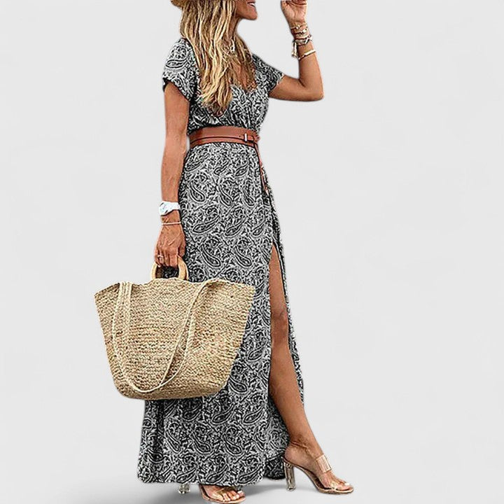 Versatile women's elegant paisley print maxi dress. V-neck, belted boho style, great for summer and vacation fashion.