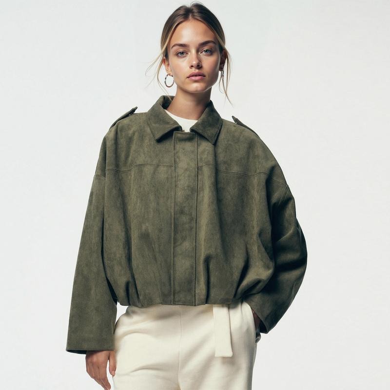 Fashionable women's cropped bomber jacket in blue suede, a chic piece of outerwear