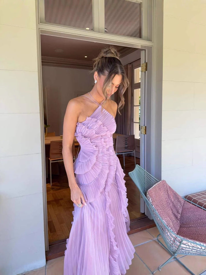 Chic pleated ruffle halter midi dress for women, suitable as a homecoming, cocktail party, or special occasion dress.