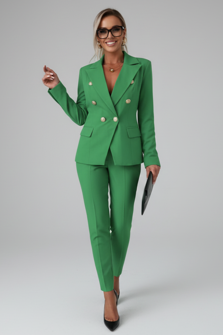 Achieve a polished look with this women's professional suit set, buttoned jacket & straight trousers.