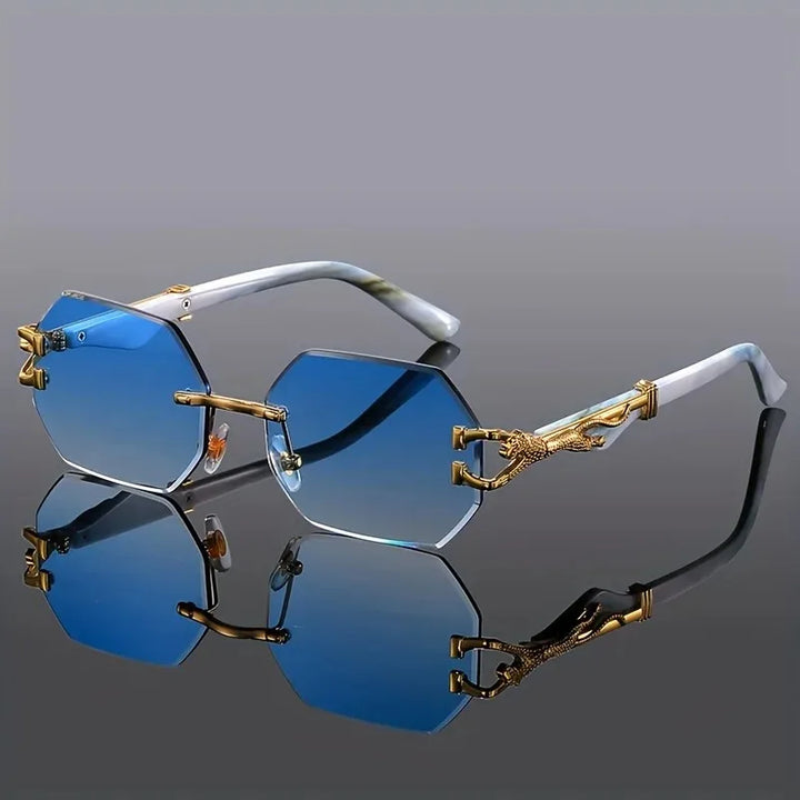 Trendy women's chic rimless geometric sunglasses. Unique design with a stunning gold panther detail.