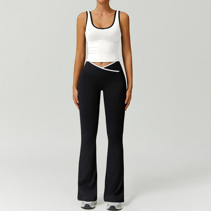 Women's sculpting capri legging and sports bra set in black, ideal for yoga and gym workouts