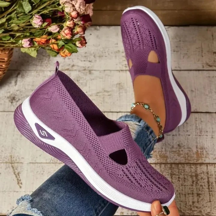 Ladies everyday footwear: comfortable, lightweight slip-on sneakers with arch support for walking.