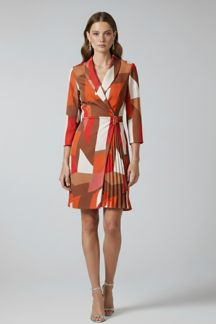 Chic women's blazer dress with notched collar, long sleeves, and straight hem for a polished professional look.