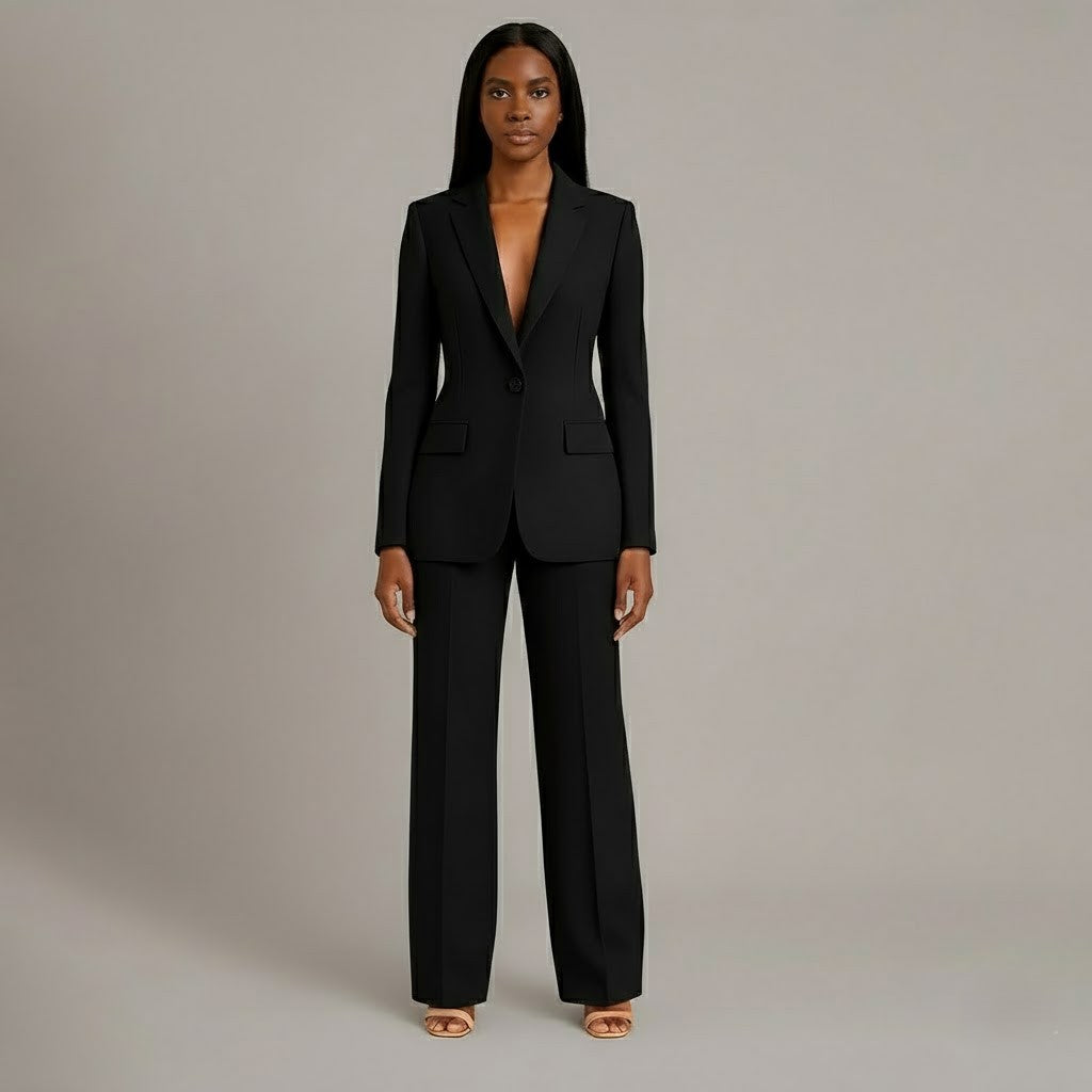 Formal women's business suit set with a sleek long blazer and comfortable trousers.
