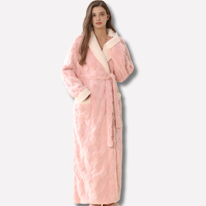 Women's thick hooded flannel bathrobe, soft & plush for winter lounge. Cozy ankle-length sleepwear in warm fabric.