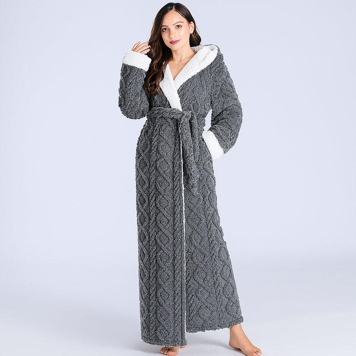 Warm women's hooded flannel bathrobe. Plush, ankle-length design for cozy winter loungewear & ultimate comfort.