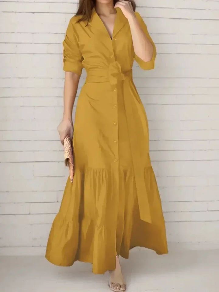 Versatile women's long sleeve maxi shirt dress. Tiered skirt & tie waist offer a comfortable, casual yet chic look.