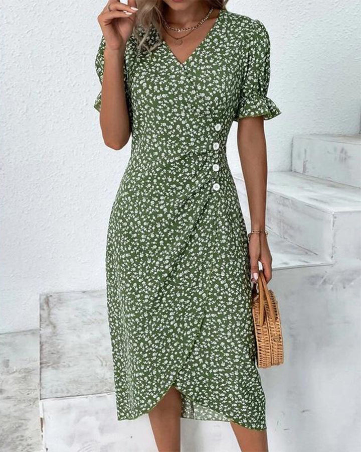 Women's V-neck wrap midi dress with short sleeves. Perfect for summer casual or elegant occasions.