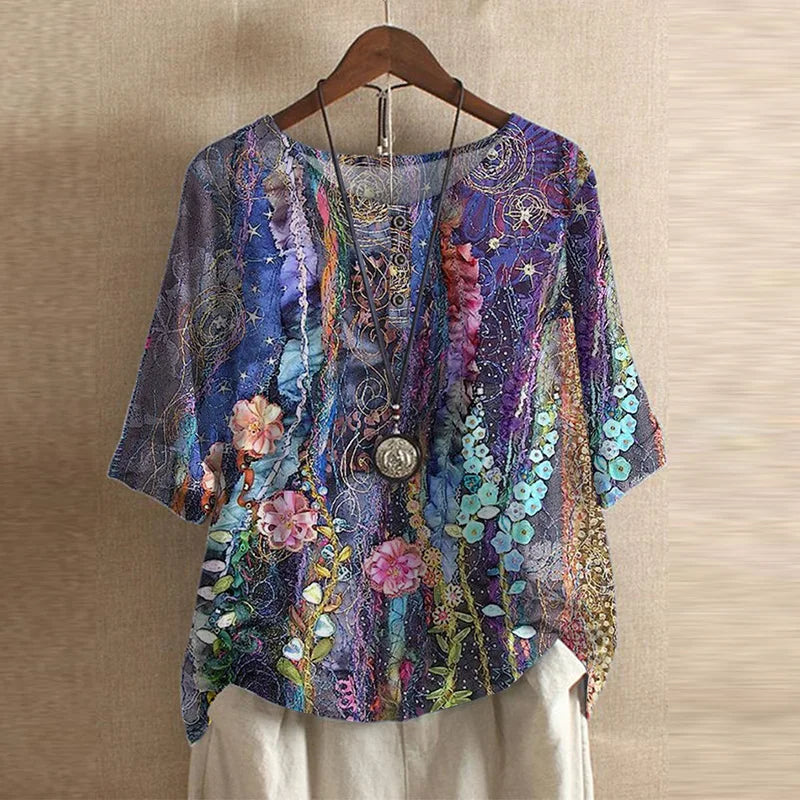 Women's vintage floral print loose fit bohemian summer blouse with long sleeves, casual and flowy.
