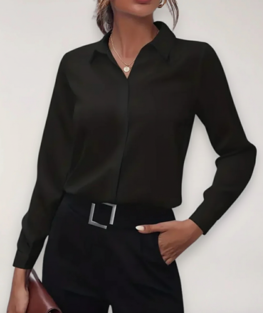 Professional women's work blouse, a classic buttoned top ideal for spring office wear.
