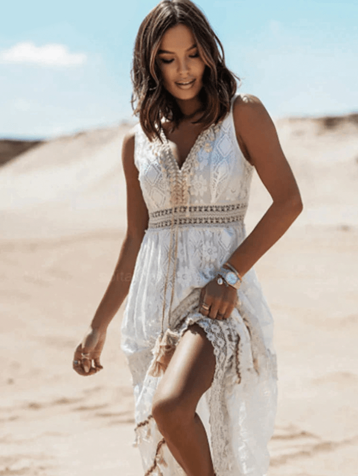 Women's Boho Maxi Dress with Lace - Beige/White - Lexians