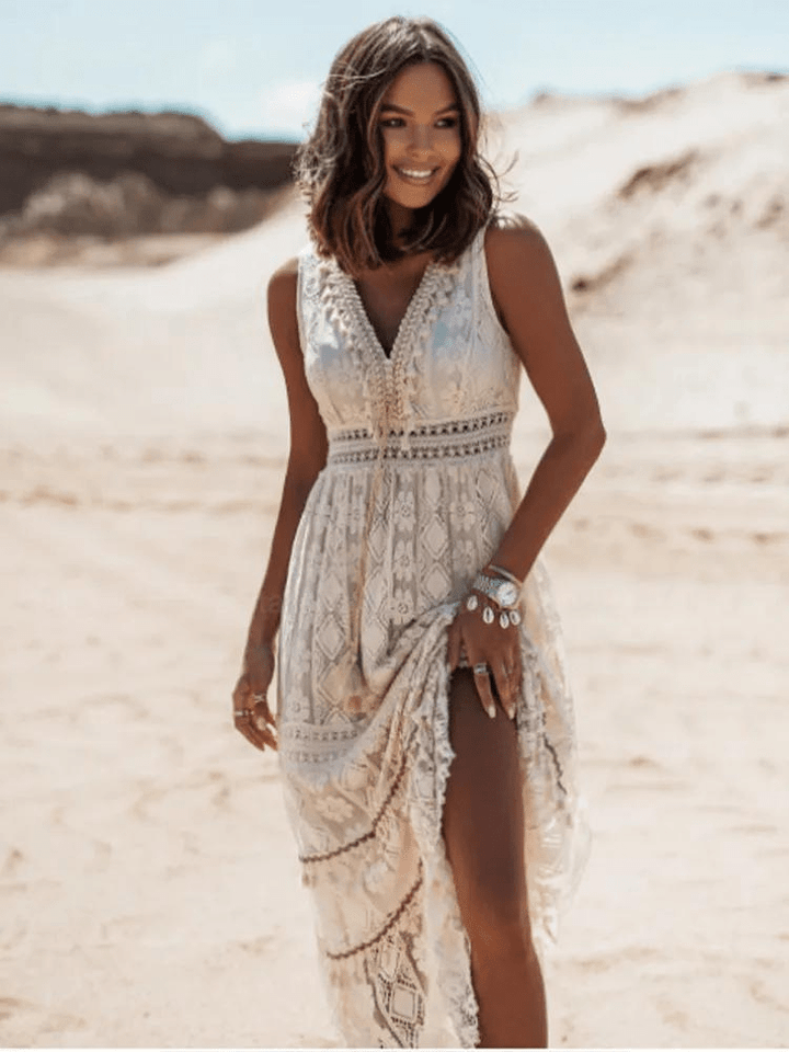 Women's Boho Maxi Dress with Lace - Beige/White - Lexians
