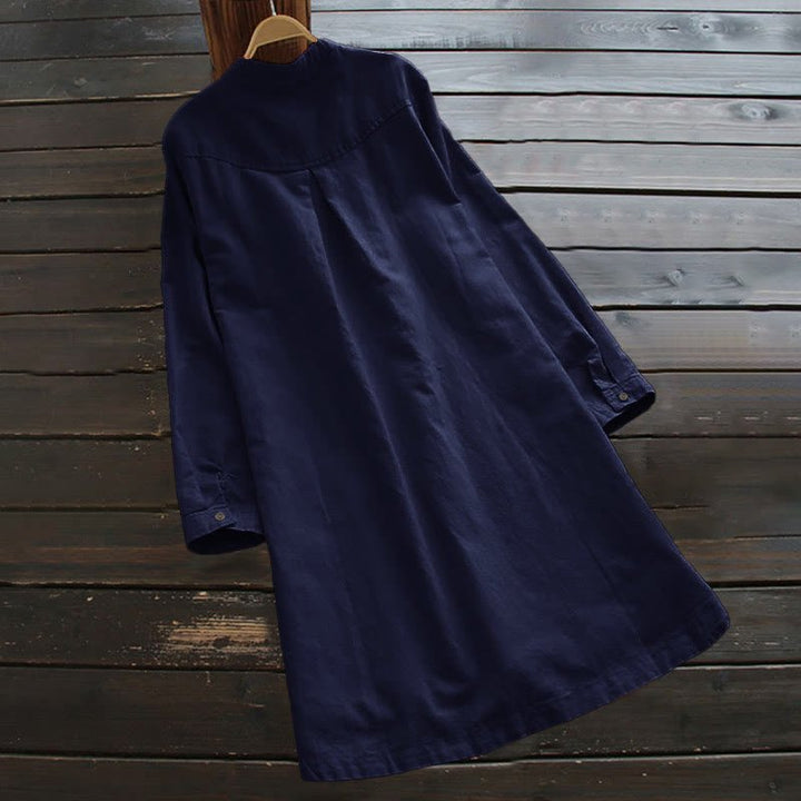Women's Cotton Linen Shirt Dress with Pockets and Buttons - Lexians