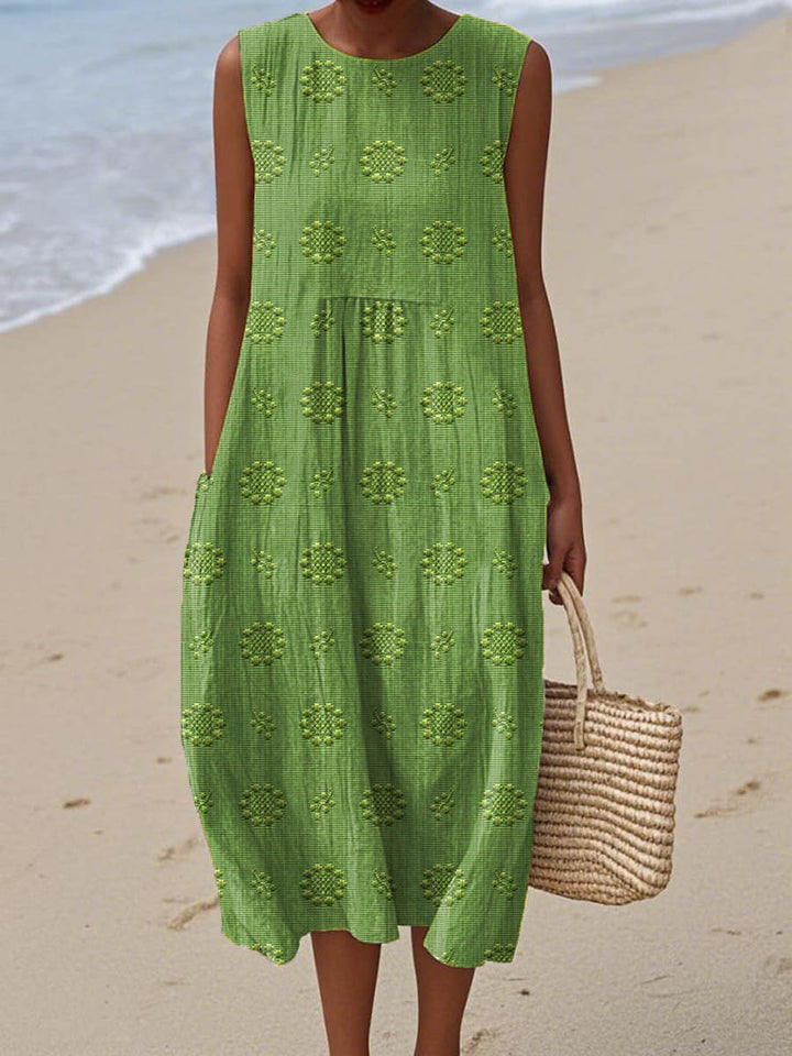Women's embroidered midi summer dress with side pockets, circular motifs, sleeveless, gathered waist, perfect for warm weathe