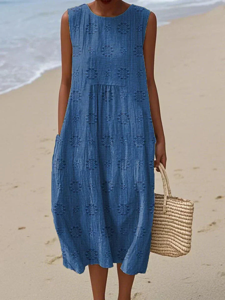 Women's embroidered midi summer dress with side pockets, circular motifs, sleeveless, gathered waist, perfect for warm weathe