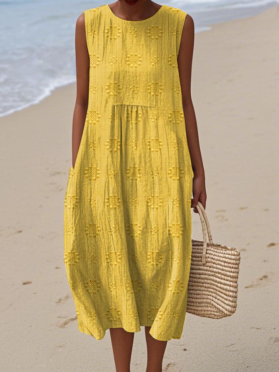 Women's embroidered midi summer dress with side pockets, circular motifs, sleeveless, gathered waist, perfect for warm weathe