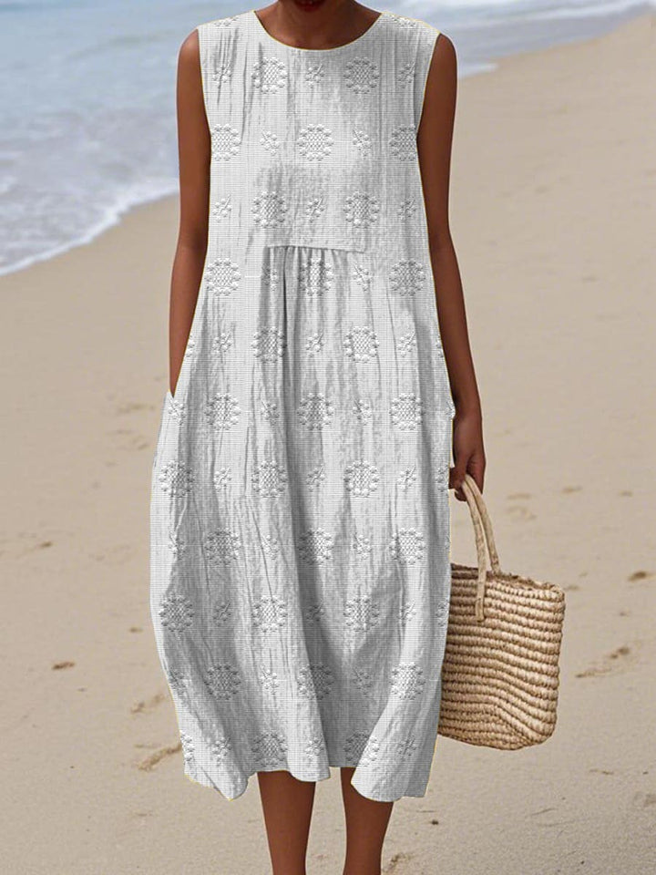 Women's embroidered midi summer dress with side pockets, circular motifs, sleeveless, gathered waist, perfect for warm weathe