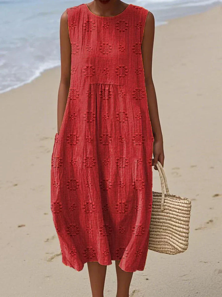 Women's embroidered midi summer dress with side pockets, circular motifs, sleeveless, gathered waist, perfect for warm weathe